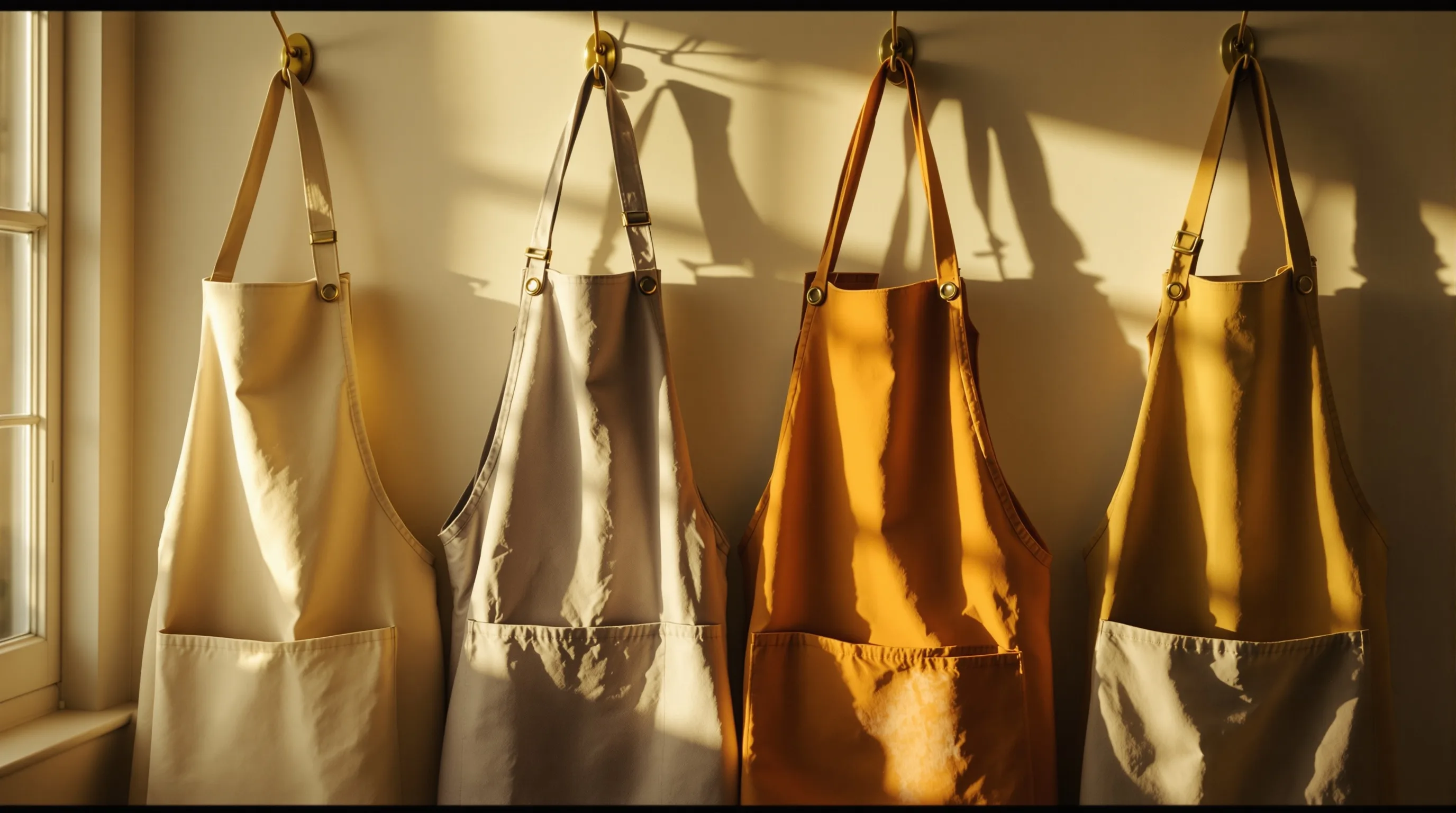 Four chef's aprons hanging on brass hooks in a progression from pristine cream to deeply weathered terracotta — the four stances made visible.