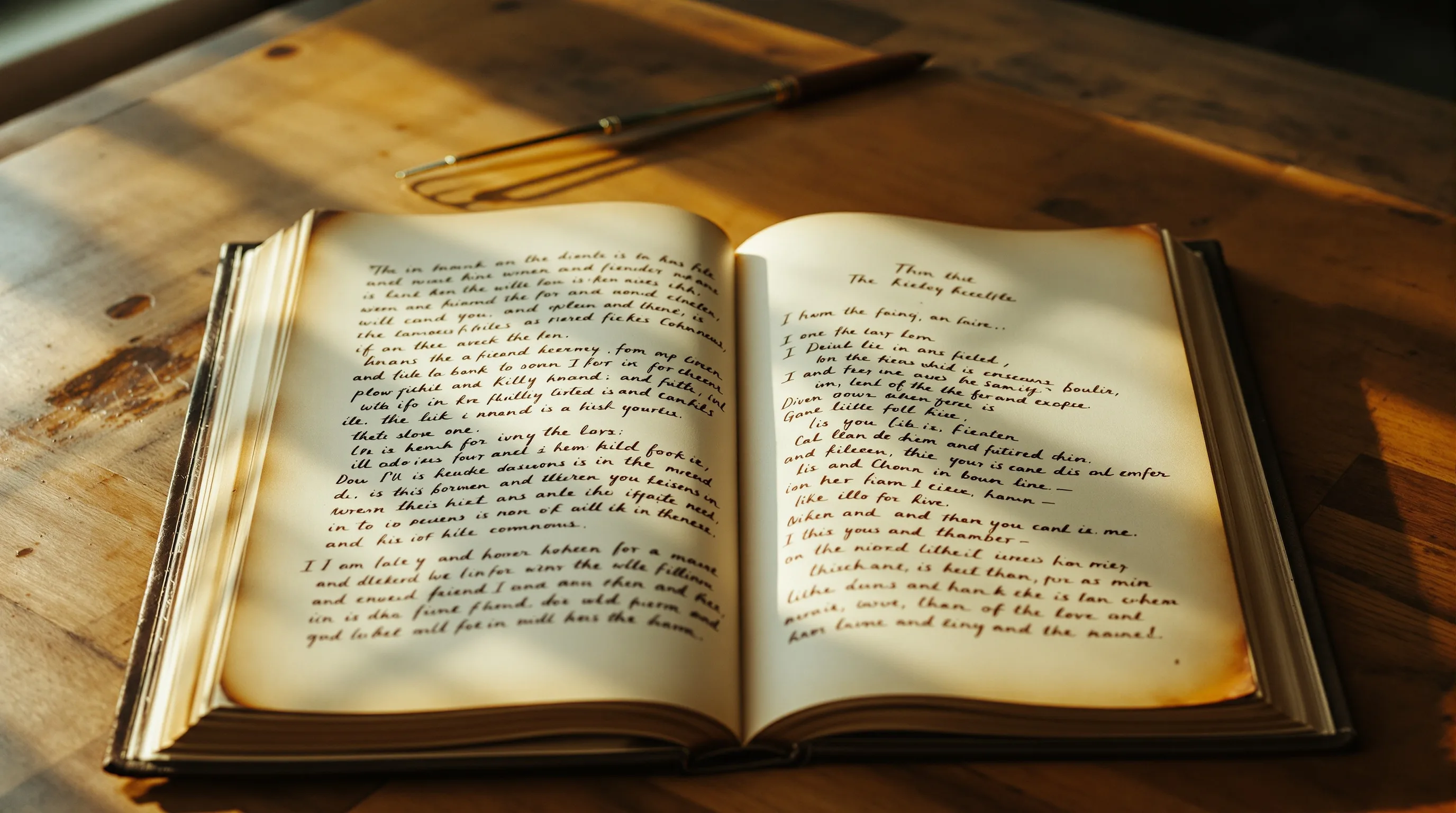 An open handwritten leather-bound cookbook on a wooden counter, pages filled with ink in warm golden light — the professional recipe, written down.