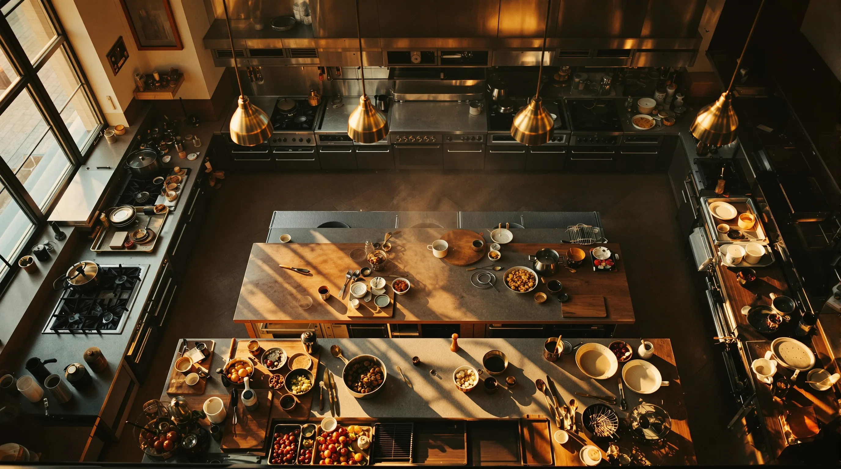 Overhead view of a professional brigade kitchen with six radiating prep stations, amber heat lamps overhead, warm wood and brass.